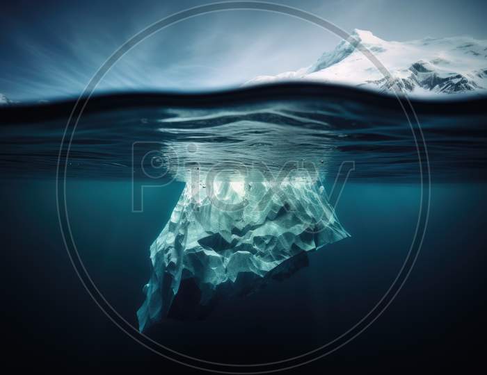 Underwater Shot Of An Iceberg Floating In Water.