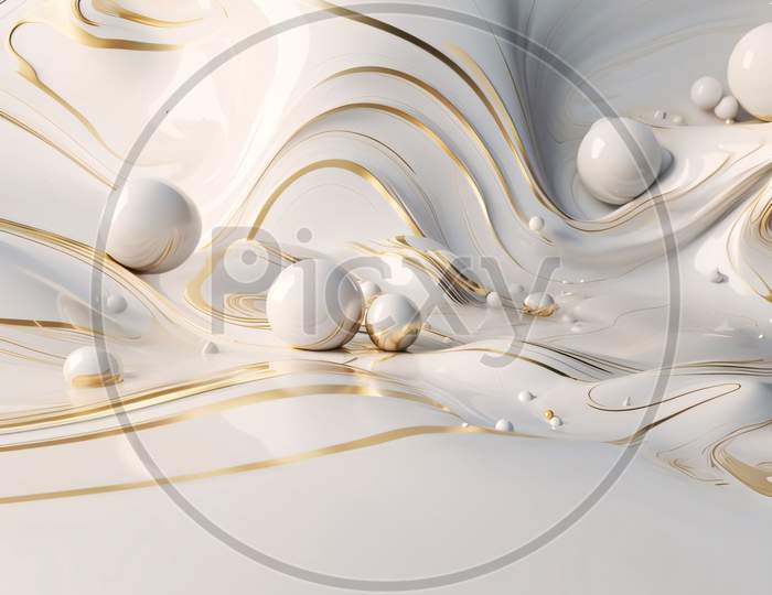 Abstract Background Of White And Golden Liquid. 3D Rendering, 3D Illustration.