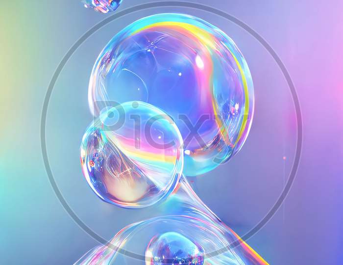 Soap Bubbles On A Colorful Background. Close-Up. 3D Illustration