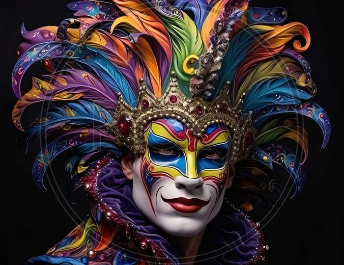 Man In Carnival Costume With Colorful Long Feathers. Carnival Outfits, Masks And Decorations.
