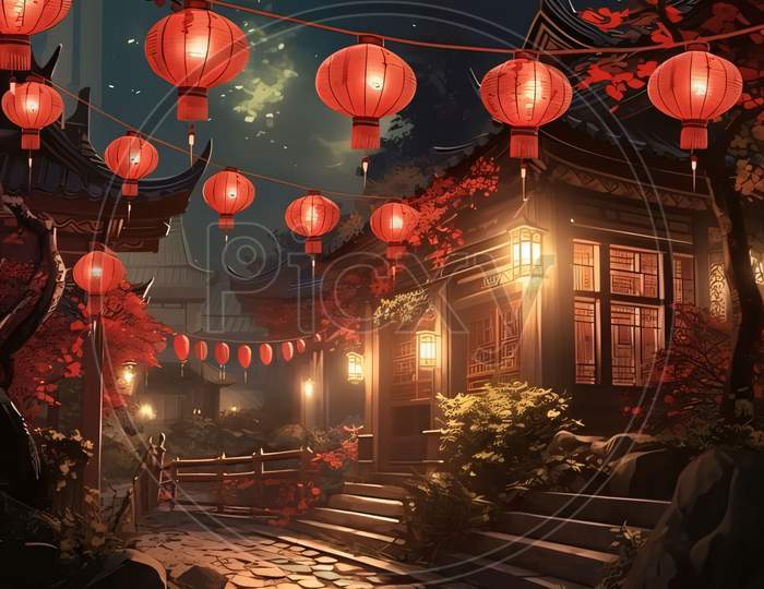 Chinese Temple And Hanging Red Lanterns At Night. Chinese New Year Celebrations.