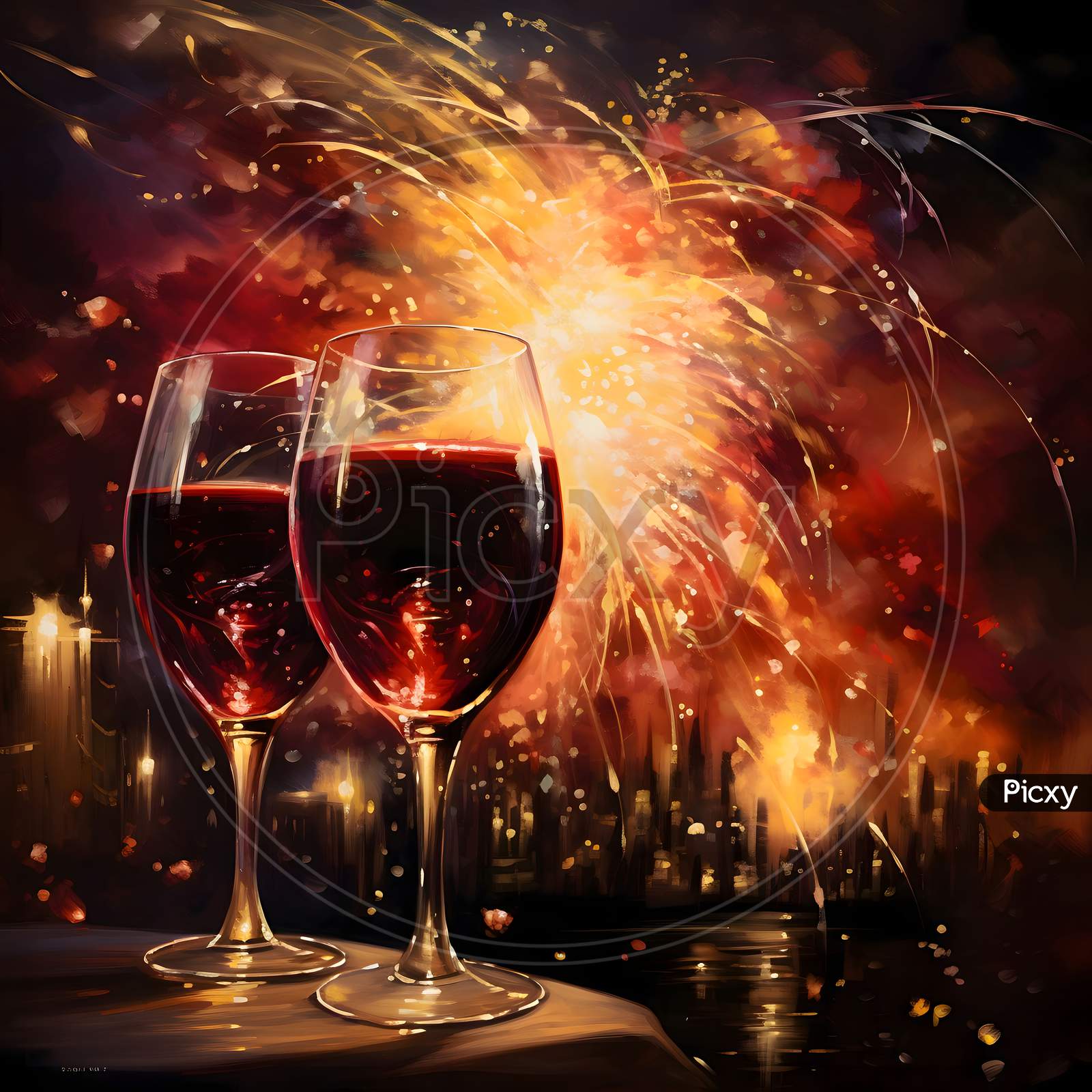 Image of Champagne Glasses Against A Background Of Colorful Fireworks. New  Year'S Fun And Festivities.-WD433872-Picxy