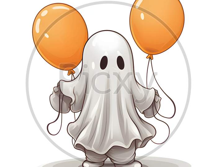 A Ghost With Two Orange Balloons., Halloween Image On A Dark Isolated Background.