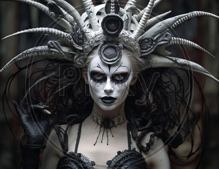 Image of Woman In Black Costume With Black Decorations Has