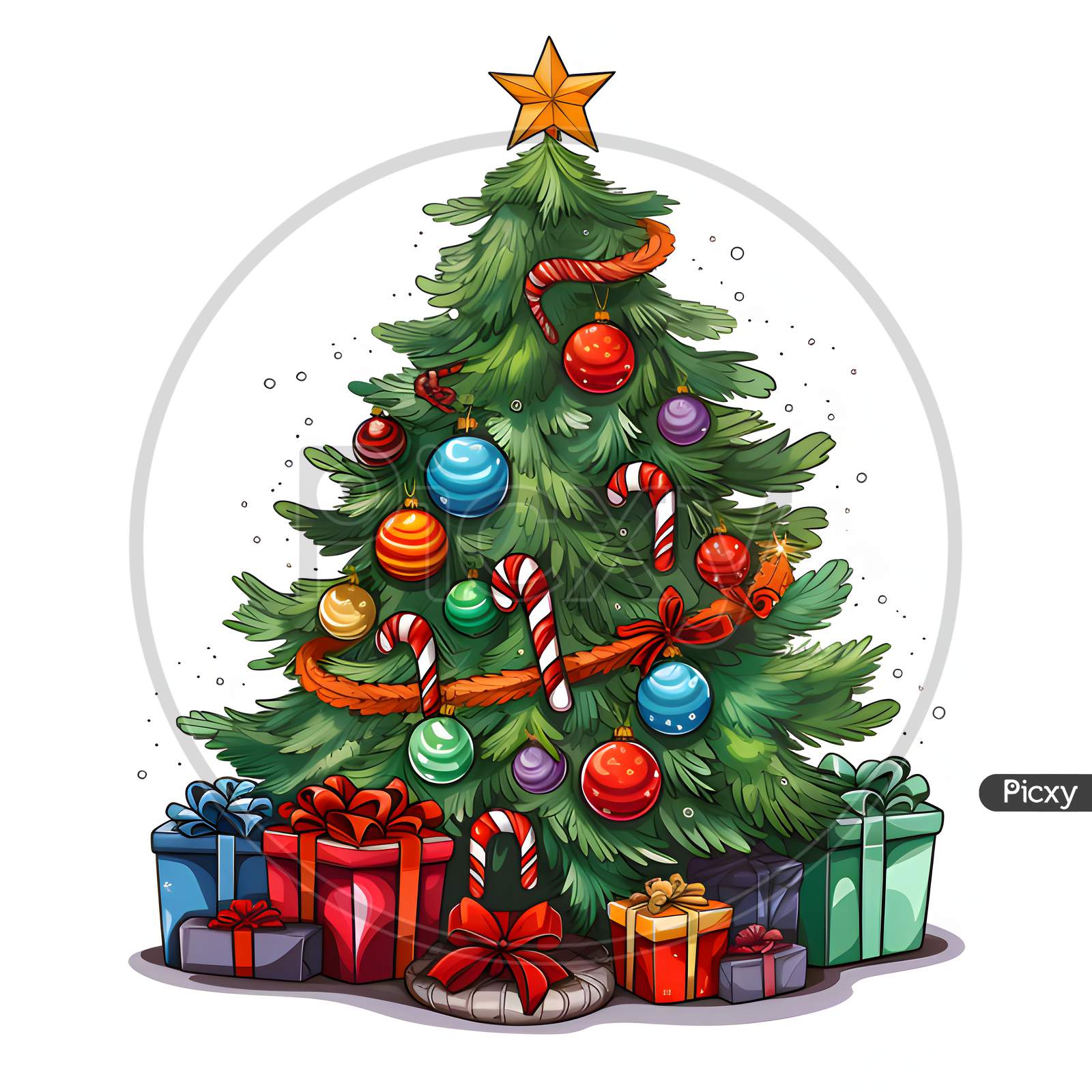 Image of Illustrated Christmas Tree With Sticks, Baubles