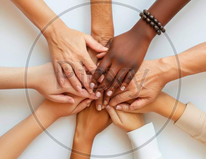United Circle Of Women'S Hands From Various Backgrounds. Close-Up Of A United Circle Of Hands From Women Of Diverse Ethnic Backgrounds On A White Backdrop.