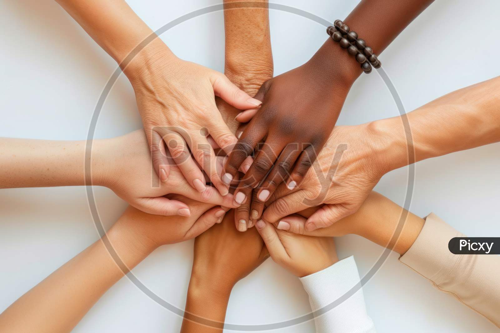 United Circle Of Women'S Hands From Various Backgrounds. Close-Up Of A United Circle Of Hands From Women Of Diverse Ethnic Backgrounds On A White Backdrop.
