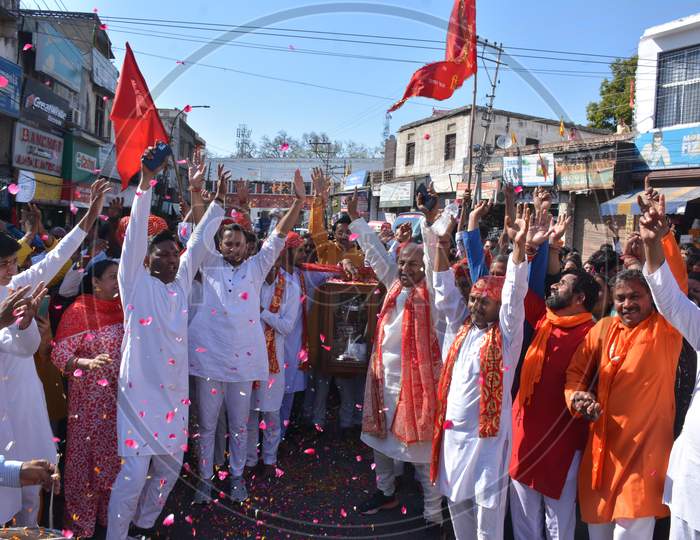 Shiv Sena Dogra Front Members With Pilgrims Chant Religious Slogans On The Way To The Holy Cave Shrine Of Mata Vaishno Devi On The Occasion Of Navratri Festival At Katra, During Sshadi Yatra In Jammu