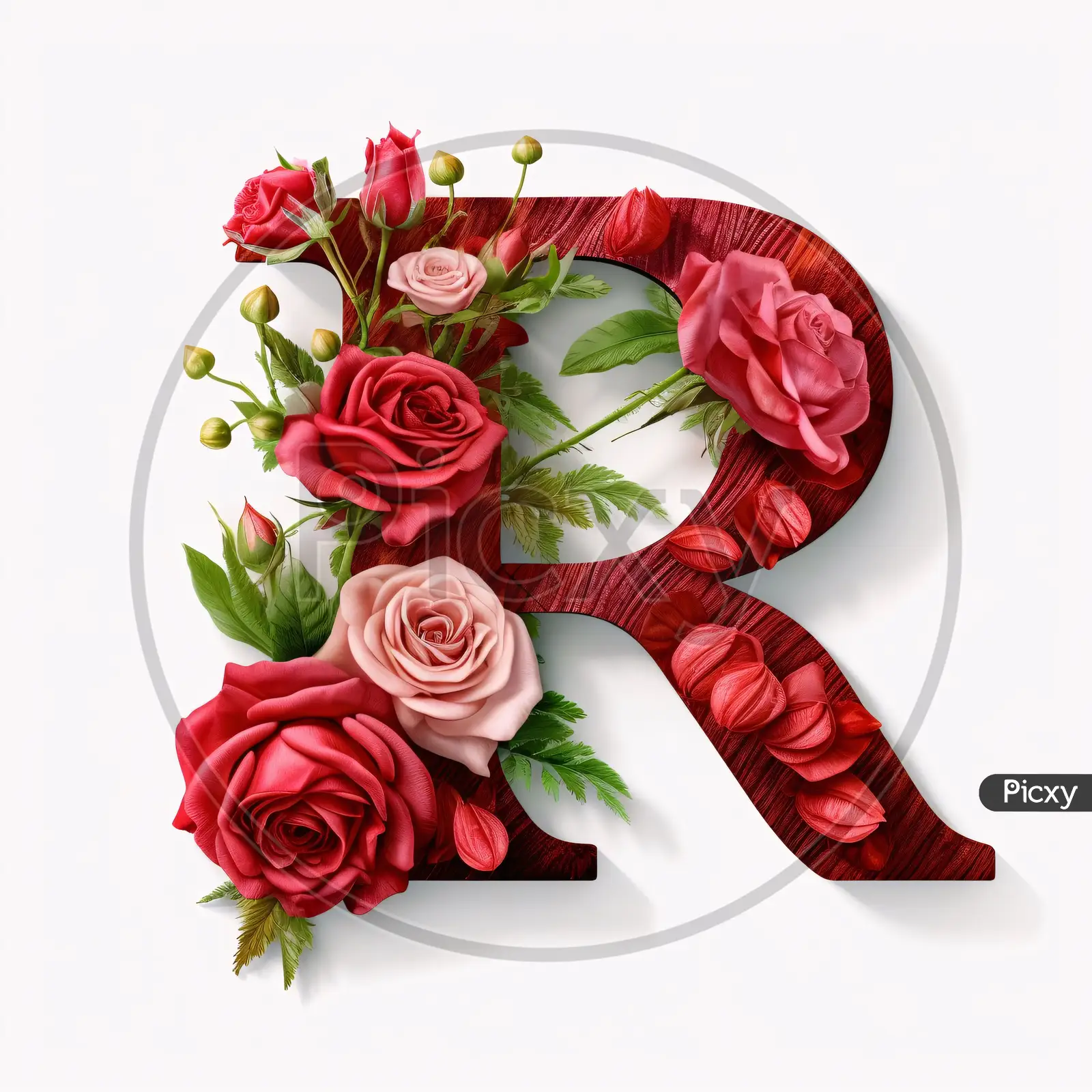 Image of Letter R With Red Roses On White Background. 3D